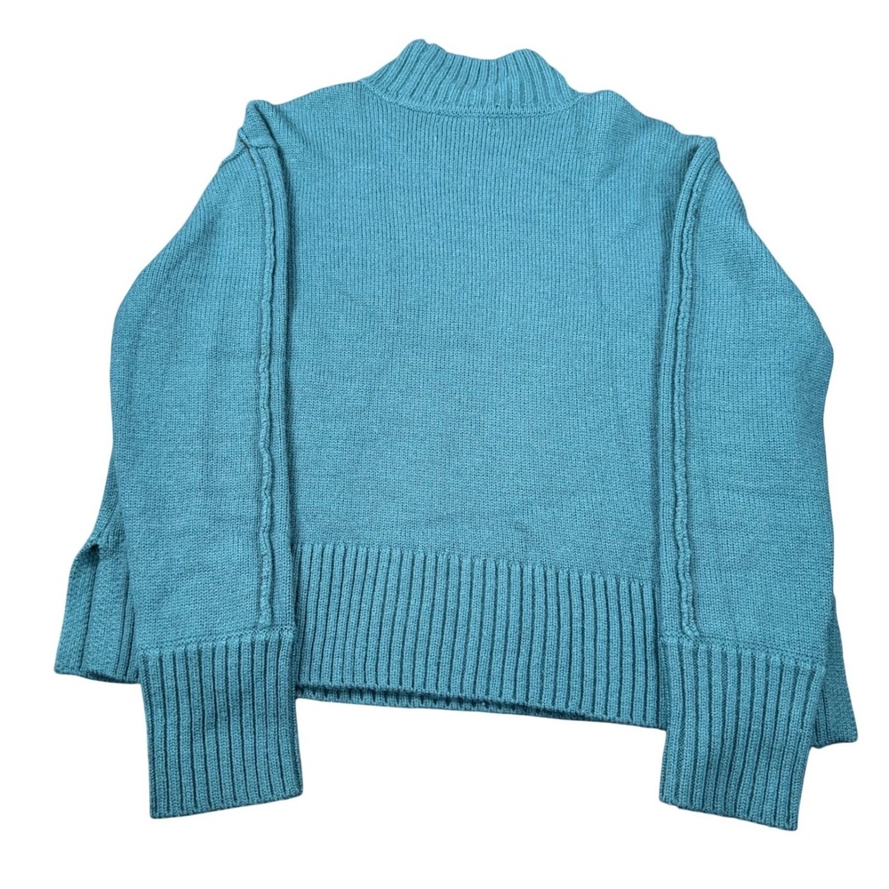 Jason Wu Mock Neck Sweater Teal Ribbed Wool Blend M Cabincore Chunky Chic Cozy - Picture 3 of 13